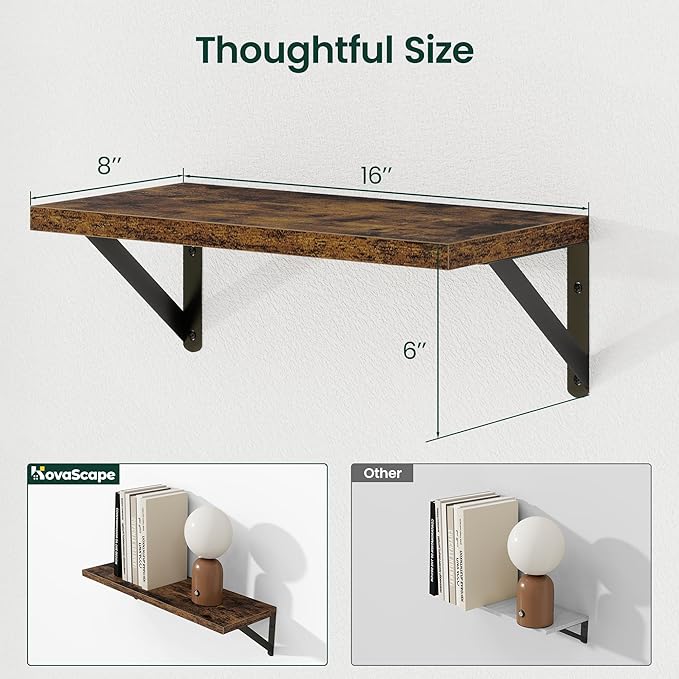 Floating Shelves, 8 Inch Deep Rustic Wood Wall Storage, 16W x 8D Wall Shelves Set of 2, Heavy Duty Metal Brackets, Industrial Book Shelf for Living Room, Kitchen, Bathroom, Bedroom, Brown