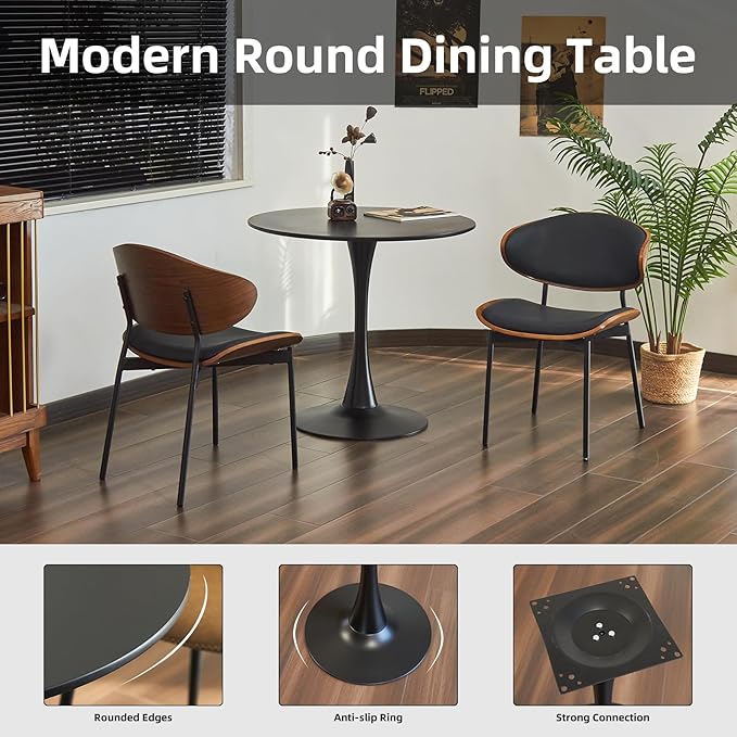 Round Dining Table, 31.5" Circle Tulip Table with Thickened Tabletop & Metal Pedestal, Mid Century Modern Bistro Table for Kitchen, Small Places, Living Room, Cafe (Black)