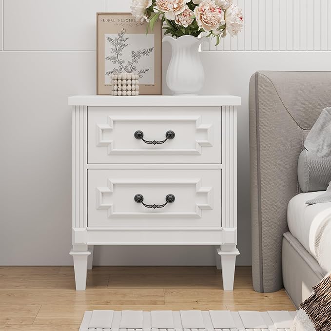 Farmhouse Nightstand wtih Vintage Surface, 30" End Table, Side Table with 2 Drawers Storage Cabinet for Bedroom, Living Room, White