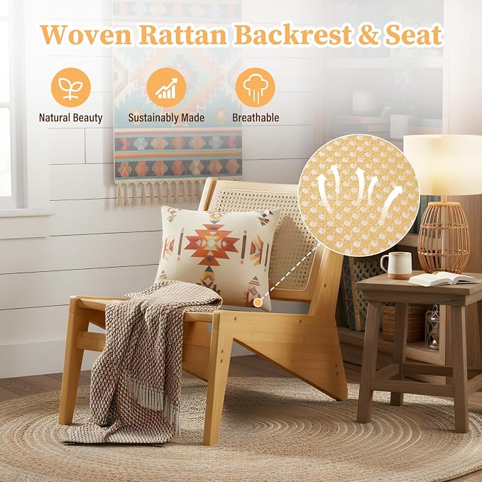 Furlide Rattan Accent Chair for Living Room, Mid Century Side Chair, Comfy Bamboo Chairs for Bedroom Reading Room, Wood