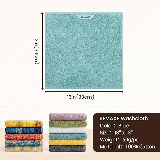 SEMAXE 100% Cotton Washcloths for Bathroom - 24 Pack, Quick-Dry Face Towels with Hanging Loop, Highly Absorbent and Soft, 13x13 Inch, Blue