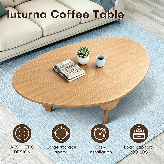 Solid Wood Coffee Table, Mid-Century Modern Triangle Center Table for Living Room, Irregular Natural Wood Tea Table, 43.3" L x 27.5" W x 16.5" H