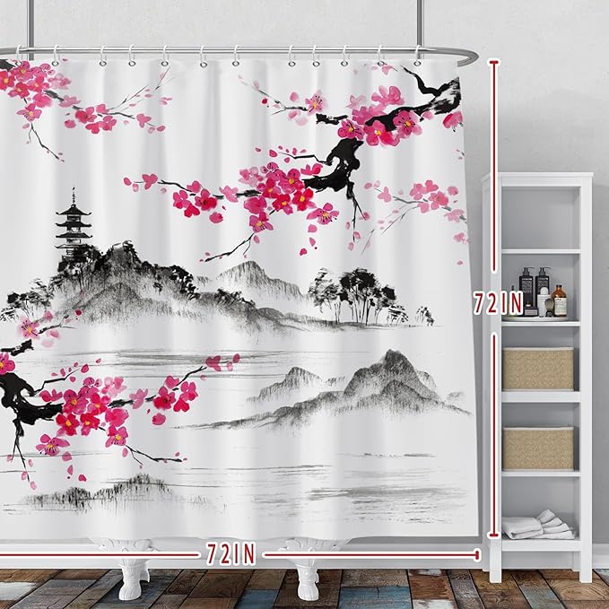 Baocicco Plum Blossom Shower Curtain Pink Cherry Blossom Floral Misty Mountains Shower Curtains Decorative for Bathroom Waterproof Fabric Shower Curtain with Hooks 72x72 Inches
