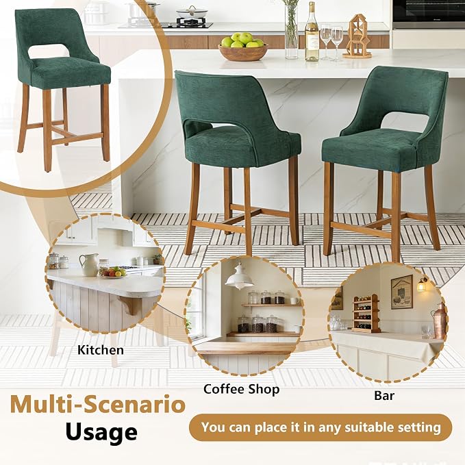 ClinQ Bar Stools Set of 1, 26" H Counter Height Bar Stools with Backs, Modern Upholstered Accent Barstools with H-Shaped Footrest for Kitchen Island, Dining Room and Bar, Green-Walnut Legs