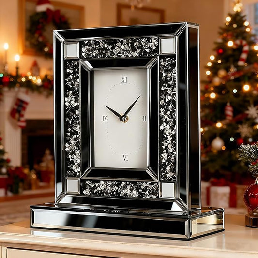 SHYFOY Luxury Crystal-Embedded Mirrored Table Clock, Elegant Decorative Clock with Roman Numerals for Home & Office, Silver Glam Desk Clock Home Decor