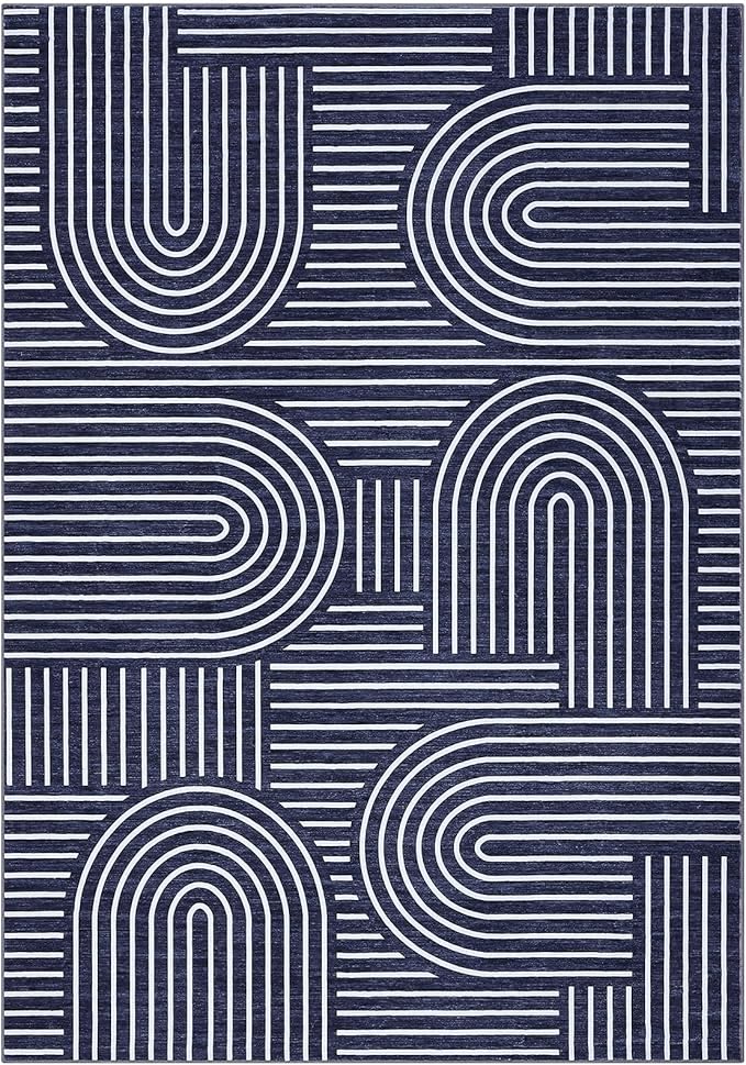 Washable Rug 8x10 Area Rugs for Living Room, Abstract Rug for Bedroom, Soft Rainbow Non Slip Throw Rugs with Rubber Back, Low Pile Stain Resistant Boho Geometric Carpet for Dining Room, Blue
