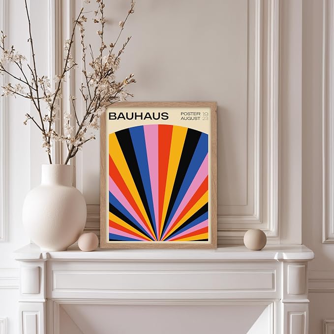 Poster Master Bauhaus Poster - Rainbow Sun Rays Print - Geometric - Abstract Art- Graphic Design - Chic Boho - Mid Century Modern Art - 8x10 Beige Framed