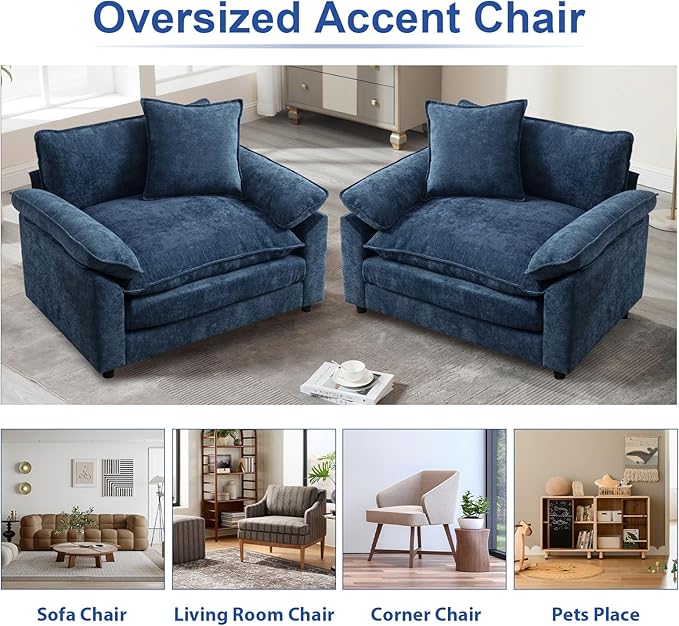 Oversized Chair with Ottoman, Comfy Chenille Accent Chair Large Upholstered Armchair with Thick and Deep Seat Lounge Chair for Living Room,Bedroom,Apartment, Blue