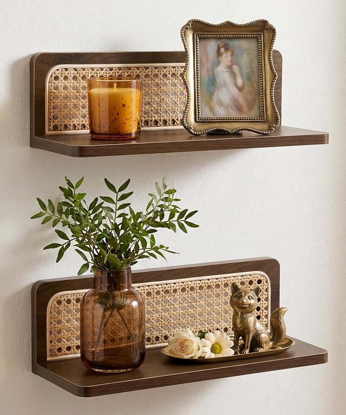 Rattan Wall Shelf Mid Century Modern Decor Floating Shelves Walnut Boho Wall Decor Decorative Shelving Home Decor Living Room Bedroom Coffee Bar Bathroom Plant Photo 16inch