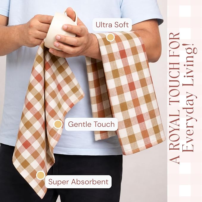 Multi Checkered Dish Towels 4 Pack, 18x26 Inches, 100% Cotton Kitchen Cloths, Quick Drying Wash Rags, Reusable & Absorbent, Washable Towels for Cleaning, Cooking - Rust, Tan, Natural