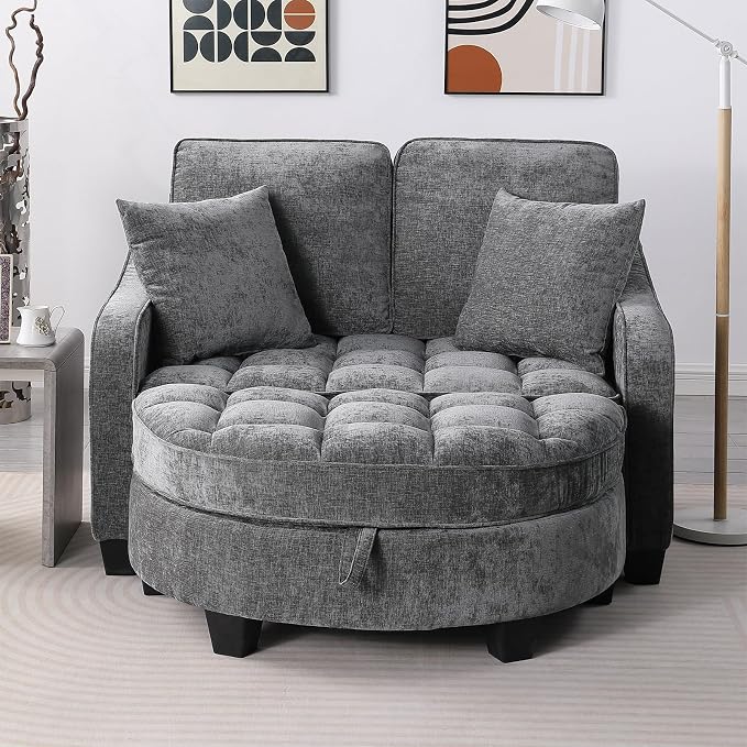 Oversized Curved Chaise Lounge Chair Indoor with Ottoman, 54.8" Cloud Boneless Reading Chair Soft Chenille Circle Couch w/Adjustable Backrest for Living Room, Apartroom, Bedroom, Grey
