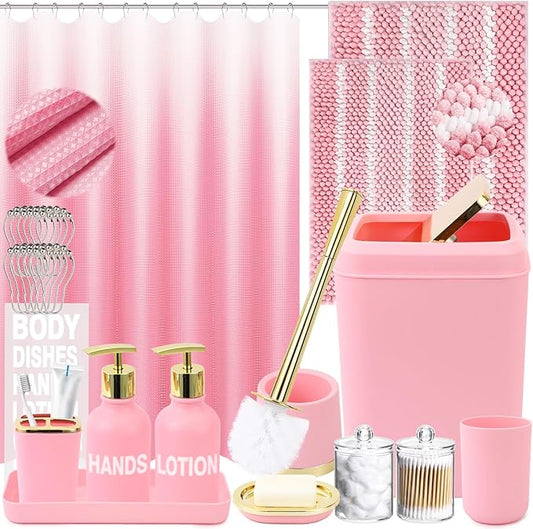 XLHOMO 25PCS Pink Bathroom Accessories Sets Complete, with Shower Curtain, Rugs, Trash Can and Toilet Brush, Toothbrush Holder and Cup, Soap Dispenser, Soap Dish, Qtip Holder, Bathroom Decor Sets
