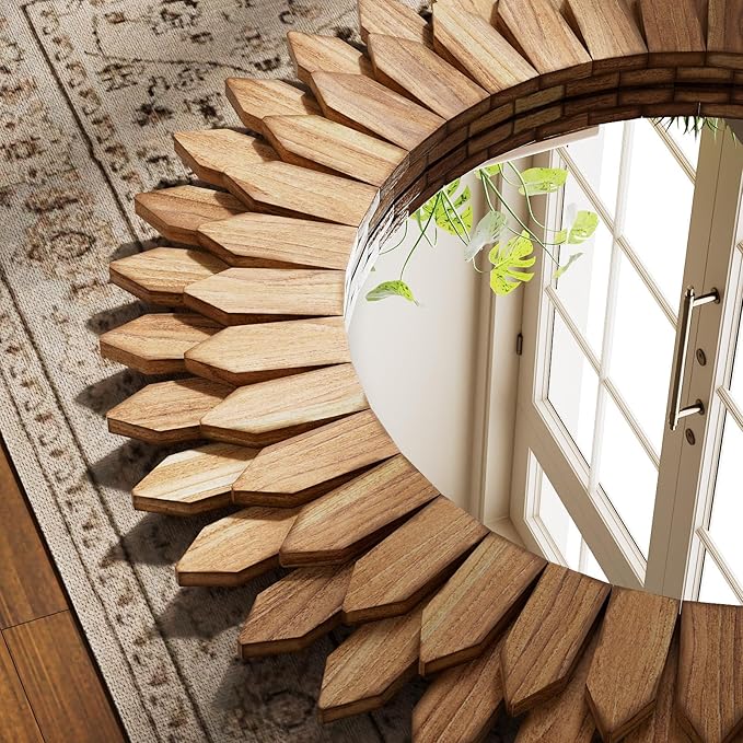 28 Inch Brown Boho Wall Decor Sunburst Mirror - Round Wooden Wall Decor, Handmade Rustic Circular Mirror for Living Room, Bedroom, Entryway, Office