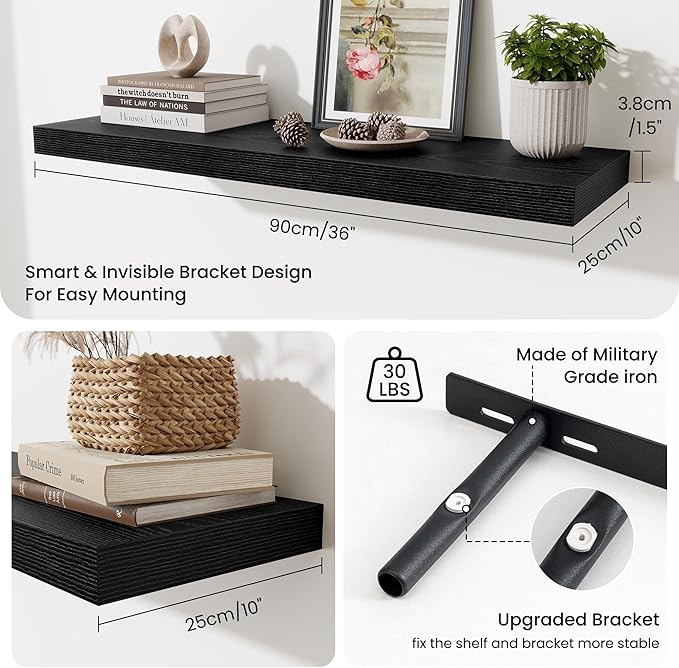 Fun Memories Floating Shelves for Wall 36 Inches, Wood Shelves with Invisible Bracket, 10" Deep Shelves Wall Mounted, Large Wood Floating Shelves for Living Room Bathroom, Black, Set of 2