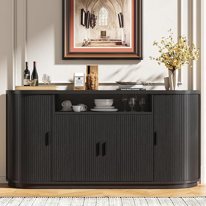 63" Sideboard Buffet Cabinet with Storage, Modern Fluted Accent Credenza with Sliding Doors, Drawers and Adjustable Shelves, Wood Coffee Bar Console Table for Kitchen, Living Room, Enrtyway (Black)