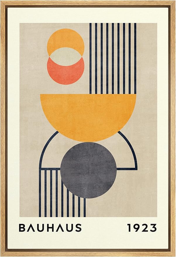 MUDECOR Framed Canvas Print Wall Art Bauhaus Orange Geometric Polygon Landscape Abstract Shapes Illustrations Fine Art Mid-Century Modern Multicolor for Living Room, Bedroom, Office - 24"x36" Natural