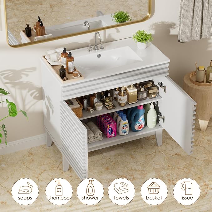 ROOMTEC 36" Bathroom Vanity with Sink, Mid-Century Freestanding Bathroom Vanity Sink with Storage, Undermount Ceramic Sink, Particleboard Frame with Wood Grain Laminate, White
