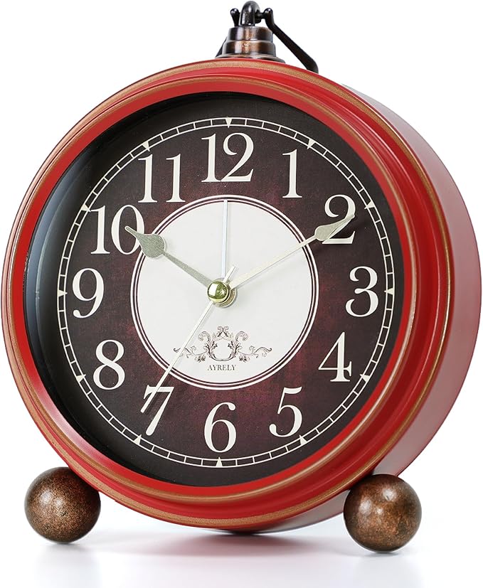 AYRELY® 5.3" Vintage Analog Alarm Clock, Battery Operated Metal Desk Clock, Retro Table Clock with Light for Living Rooms, Bedrooms, Shelf, Home Decor (Red-Black)