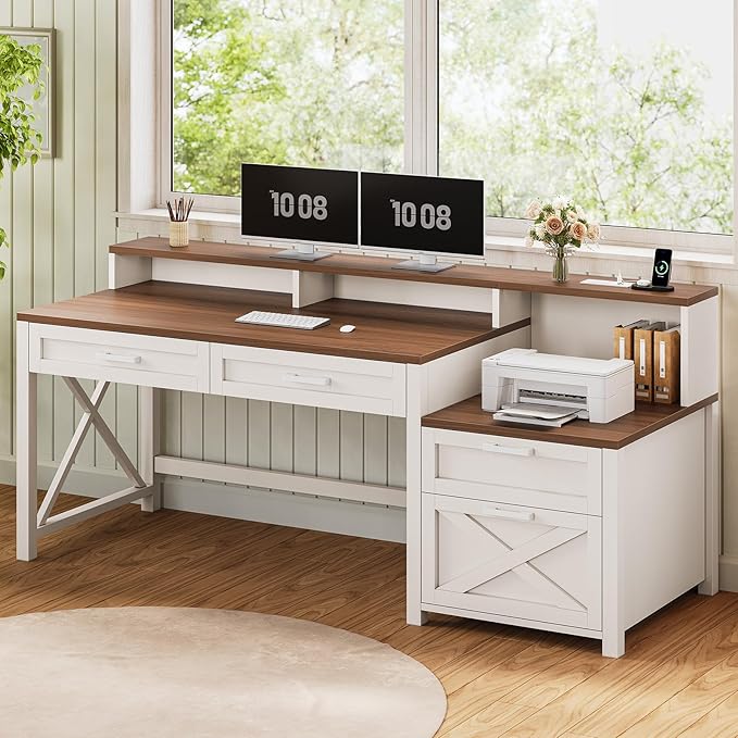 SEDETA Farmhouse Home Office Desk with File Drawer & Power Outlet, Computer Desk with 4 Drawer, Storage Shelves, Printer Cabinet and Monitor Shelf, Gaming Desk with Led Lights, White Brown