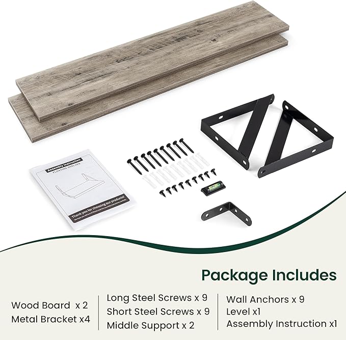 Floating Shelves, 8 Inch Deep Rustic Wood Wall Storage, 36W x 8D Wall Shelves Set of 2, Heavy Duty Metal Brackets, Industrial Book Shelf for Living Room, Kitchen, Bathroom, Bedroom, Grey