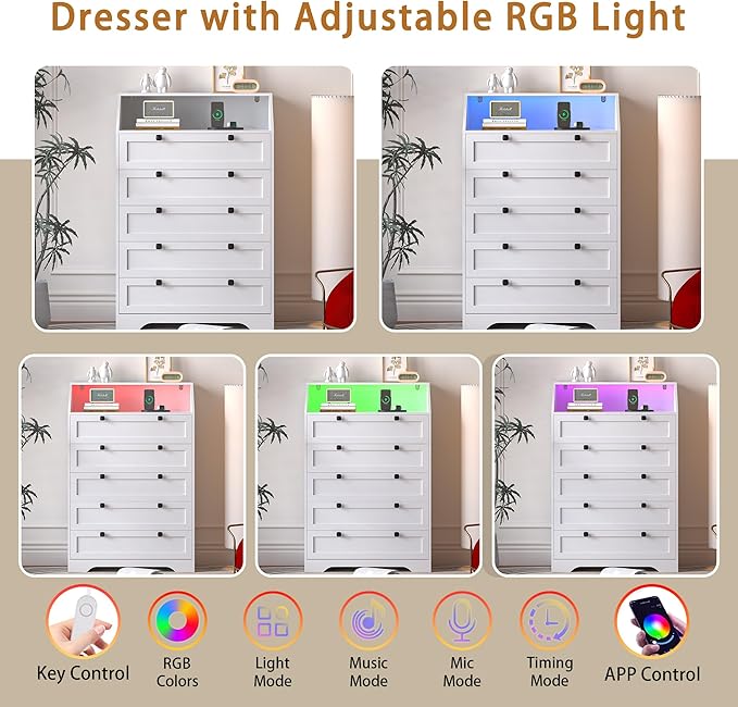 White Dresser Tall 5 Drawer Dresser for Bedroom, Wood Chest of Drawers with LED Lights, Charging Station, Metal Handles, Modern Storage Cabinet and Organizer Drawers for Living Room, Hallway
