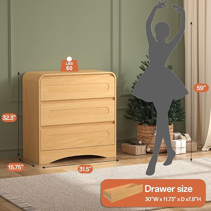 3 Drawer Dresser with Pre-Installed Slides, 32" Wide Modern Wood Chest of Drawers, Compact Storage Dresser for Bedroom Hallway Closet, Natural Oak