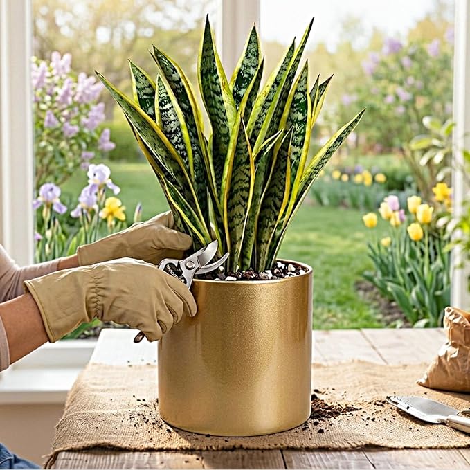 Gold Metal Plant Pot with Drainage Hole,7 Inch Mid Century Modern Small Pot Indoor Outdoor Planters for Succulents, Flowers & Home Decor Gift Window Living Room Bedroom