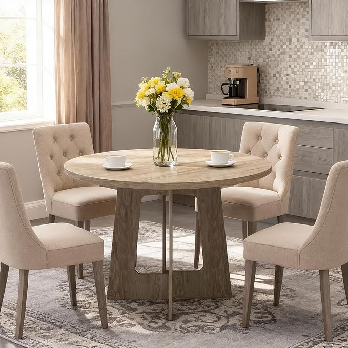 Round Dining Table for 4, 43.3" Kitchen Table for Dining Room, Circle Farmhouse Kitchen Table, Wood Dinner Table for Kitchen, Living Room, Apartment, Natural