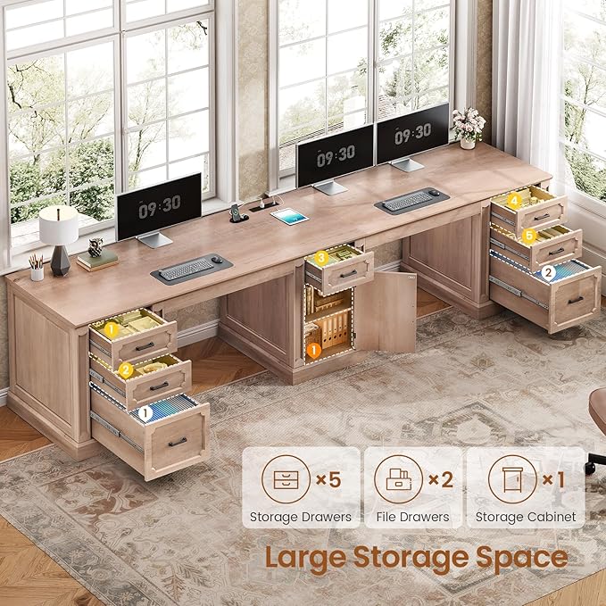 SEDETA Farmhouse 110.3" Two Person Desk with 7 Drawers, Long Computer Desk with Storage Cabinet, 2 Person Desk with Power Outlets for Home Office, Oak
