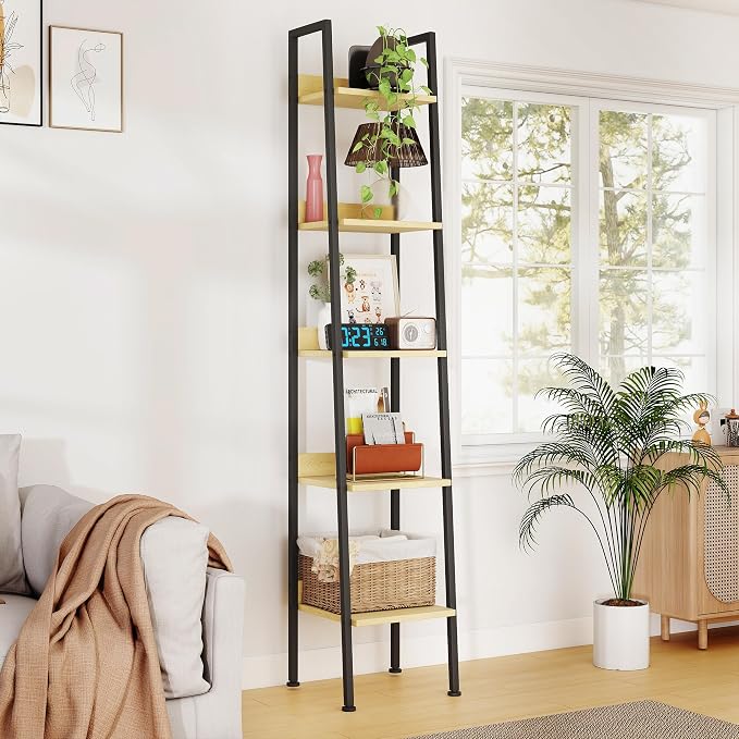 Ladder Shelf, 5 Tier Ladder Shelf, 13.5” Wide Tower Storage Shelf for Books, Anti Tip Feature, Steel Frame, Perfect for Bookshelf, Plants, Kitchen, Living Room, Office, Natural Oak