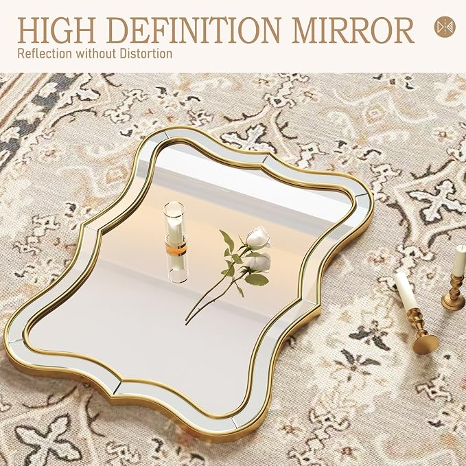 Gold Scalloped Wall Mirror, 24”x32“ Rectangle Wavy Mirrors, Wall Decor Mirror for Living Room,Bedroom,Bathroom,Entryway