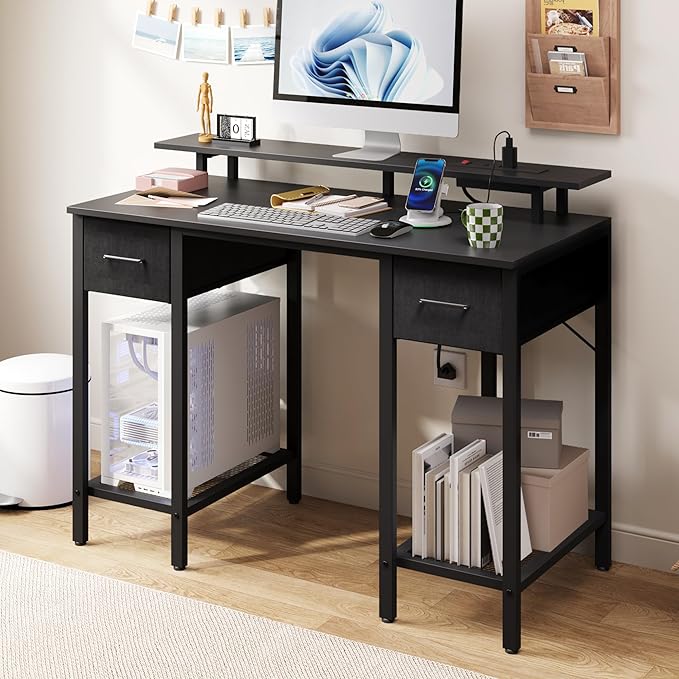 Furnify Black Computer Desk with Drawers, 42 Inch Home Office Desk Study Writing Table, Gaming Desk with USB Power Outlets, Office Desk with Fabric Drawer, Work Table with Shelf for Bedroom, Black