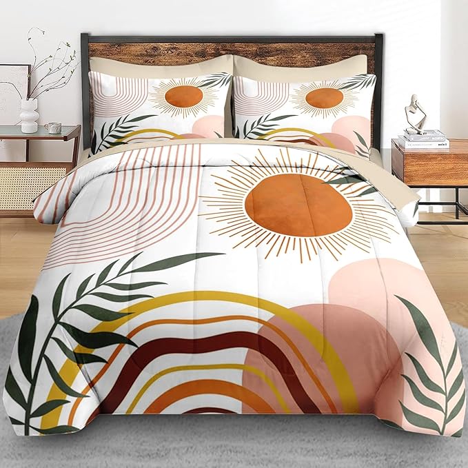 Pamnest Comforter Set Queen Size, Boho Retro 7 Pcs Bedding for Kids and Adults, Vintage Sunshine Bed Sheet Sets with Fitted Sheet 2 Pillowcase & 2 Sham for Bedroom Bed Decor