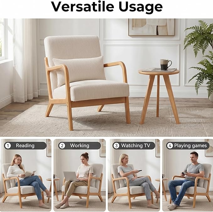 Mid Century Modern Accent Chairs Set of 2, Upholstered Corduroy Armchairs with Lumbar Pillows, Solid Rubberwood Frame for Living Room, Bedroom, Waiting Room, Beige