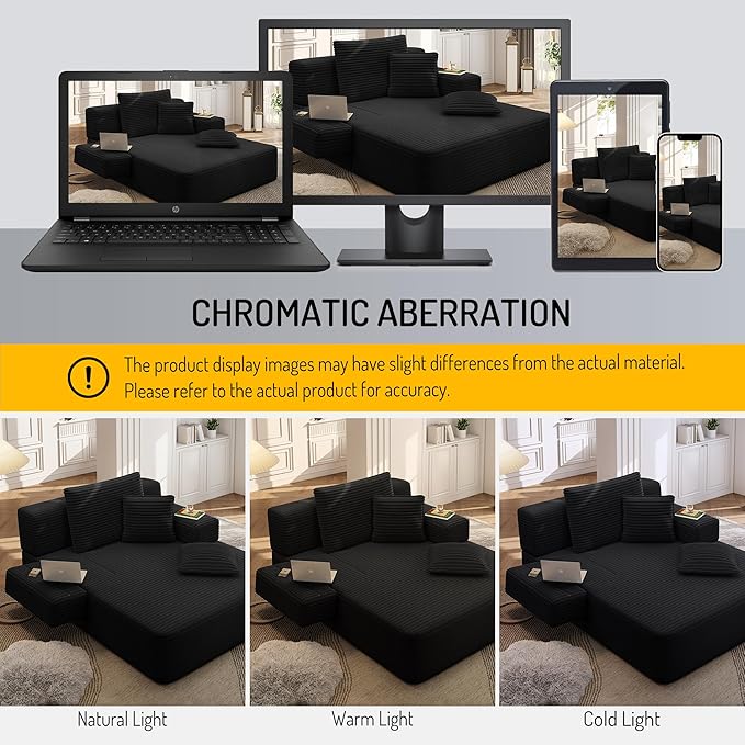 48.5" Oversized Chaise Lounge Chair Indoor, 3-in-1 Convertible Sleeper Sofa Bed, Plush Corduroy Boneless Chaise with 3 Pillows & Side Pockets, Adjustable Back/Armrest for Living Room -Black