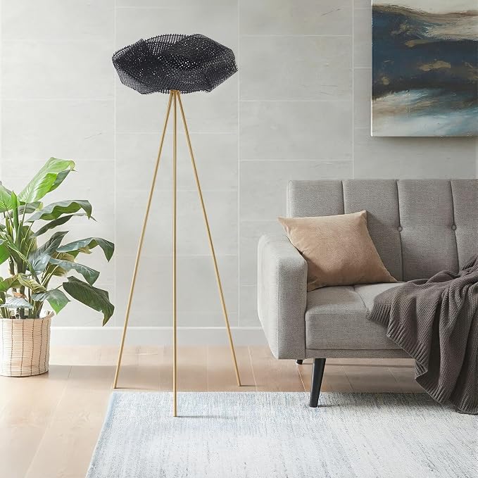 Handwoven Tripod Floor Lamp, Boho Bamboo Woven Lotus Shade Tall Standing Lamp, Black Metal Base for Living Room Bedroom Entryway, E26 Socket (Black)