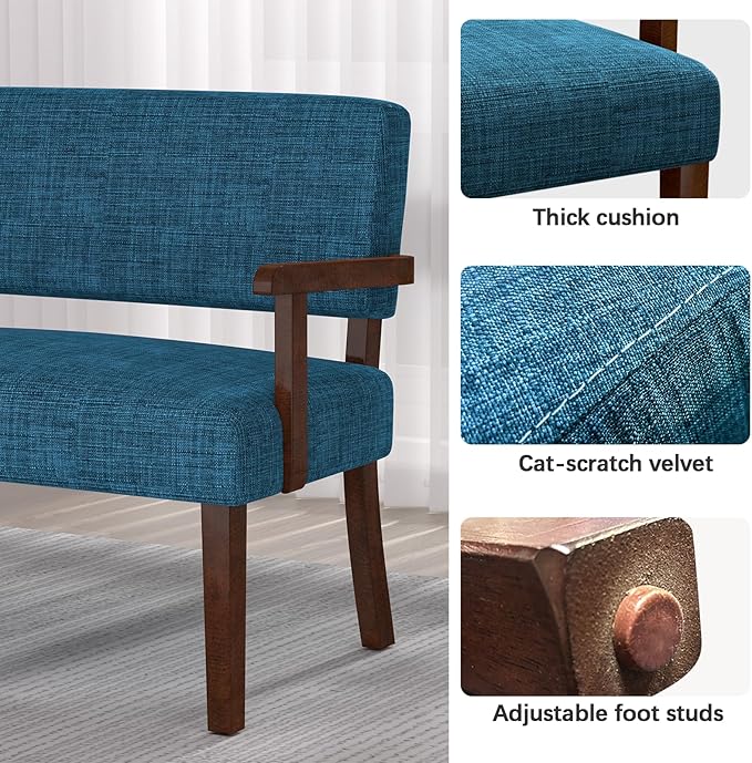 Accent Chair 2 Seat, Upholstered Reading Leisure Chair, Bench with Solid Wood Frame for Dining, Reading,Waiting Rooms (Blue)