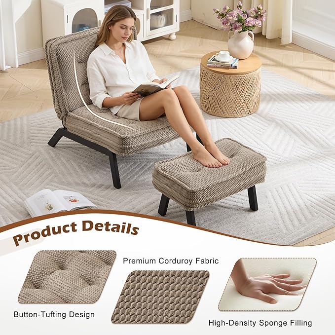 ANJ Accent Chair with Ottoman Adjustable Backrest, Khaki Living Room Chair Tufted Upholstered Lounge Chair with Footrest Set, Modern Chair Cozy Reclining Chair for Reading Room Bedroom