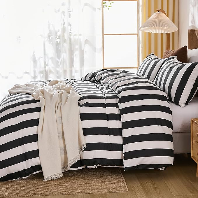 Merryword Black and White Striped Duvet Cover Set King Size - 100% Cotton Duvet Cover Set with Zipper Closure & 8 Corner Ties, 3-Piece Luxury Linen Like Bedding Set for All Seasons