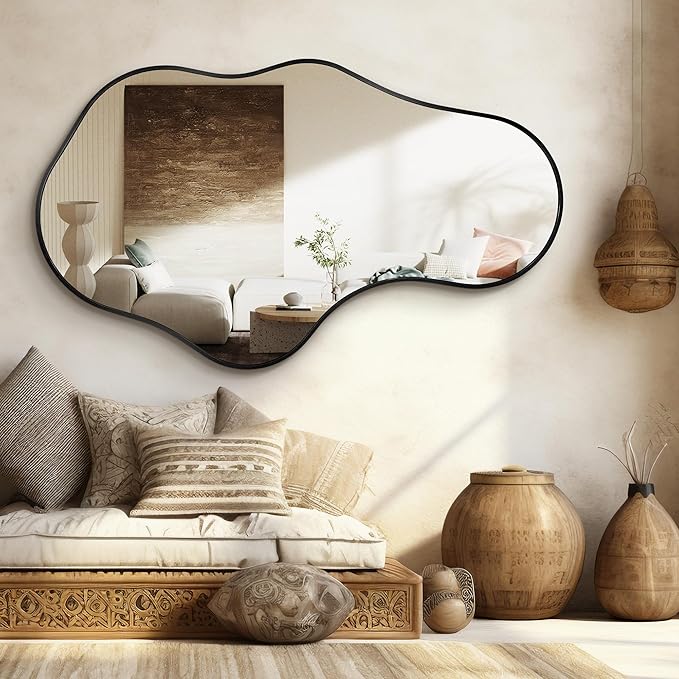 Irregular Wall Mirror - Wall Mirrors Decorative 22"x 36" Asymmetrical Abstract Mirror Aviation Aluminum Alloy Frame Unique for Bathroom, Bedroom, Living Room, Cloakroom, Entryway Black