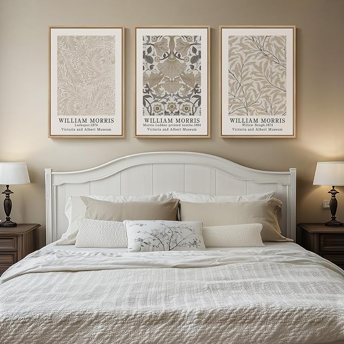 Framed Large William Morris Vintage Wall Art Set of 3, Large Neutral Botanical Floral Canvas Prints, Nature Rustic Boho Artwork for Living Room, Bedroom, Hallway or Office, 24x36 Inch