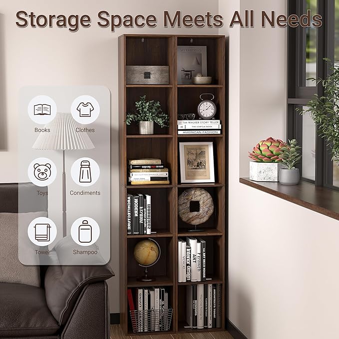 6 Cube Storage Organizer, 6 Tier Cube Low Bookcase Freestanding Storage Display Organizer, Three-Cubes Open Shelf Bookshelf for Home Office (Dark Brown,Black Walnut, 6-Cube)