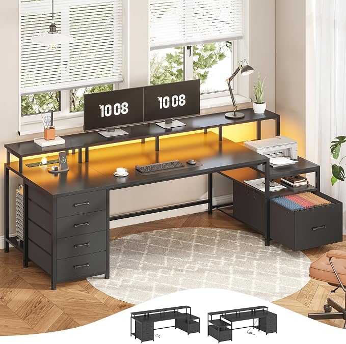 SEDETA 75'' Computer Desk with 5 Drawer, Power Outlet & Led Lights, Home Office Desk with File Drawer, Storage Shelves, Printer Cabinet and Monitor Shelf, 23.6" W Large Desktop Gaming Desk, Black