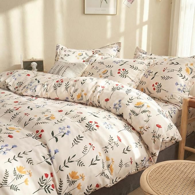Duvet Cover King Size - 100% Cotton Red and Yellow Floral Duvet Cover Set with Zipper Closure, 3 Pieces Soft & Breathable Botanical Bedding Set for All Seasons