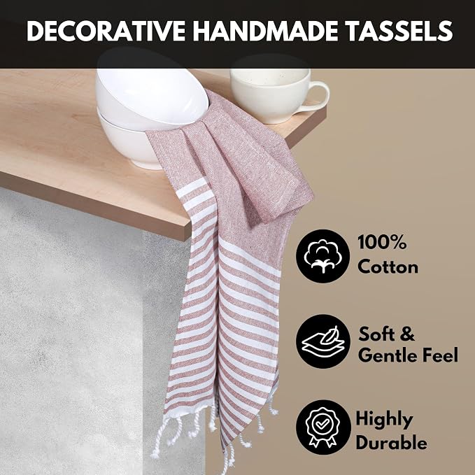 Turkish Kitchen Towels 18x26 Inches with Tassels - 4 Pack - Absorbent, Durable, Soft 100% Cotton Dish Towels for Drying & Cleaning - Machine Washable, Quick Dry - Rust