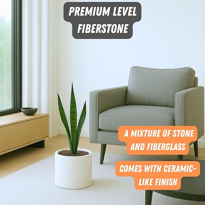 Fox & Fern Large Indoor Planter, Modern Large Plant Pot for Indoor or Outdoor, UV and Frost Resistant - 8 Inch, Fiberstone, Matte White Flower Pot with Drainage Plug, Lightweight