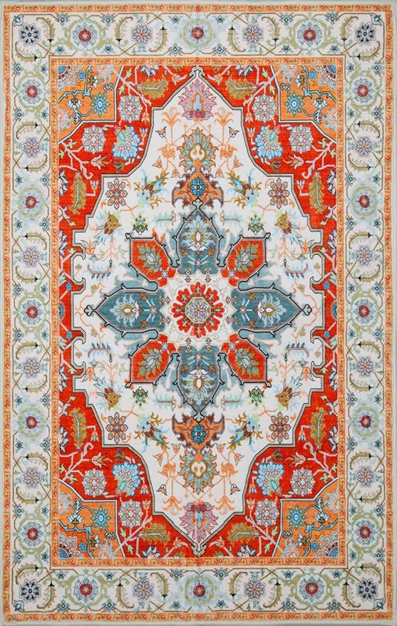 WILLSUN Washable Area Rugs, 6x9 Non-Slip Boho Large Area Rugs for Living Room, Bedroom, Machine Washable Vintage Rug, Indoor Floral Print Carpet for Home Decor, Kid & Pet Friendly Mat