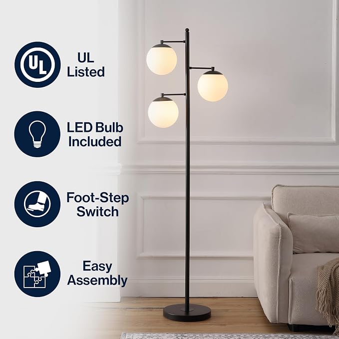 JONATHAN Y 66" Black Modern 3-Light Metal Cylinder Floor Lamp Mid-Century Tree Standing Lamp for Living Room Bedroom with White Glass Globe Shades LED Bulbs Included JYL3087B