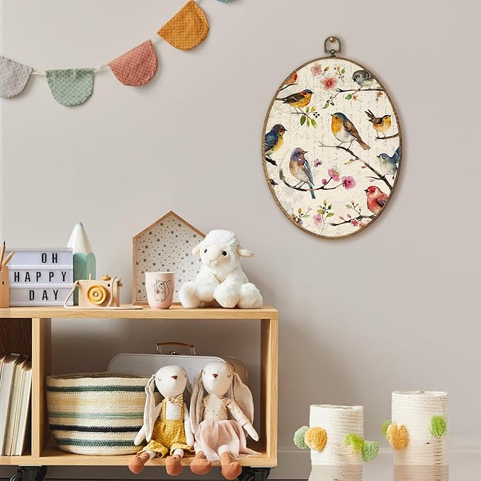 AEHIE Vintage Bird Oval Wall Art Decor, Rustic Floral Birds Canvas Artwork Framed, Cottagecore Country Bird Flower Oval Wall Art for Home Bedroom Living Room Decor, 11x8.5 Inches
