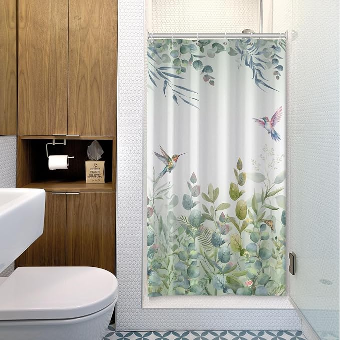 Green Leaf Shower Curtain Colourful Bird Eucalyptus Bathroom Curtain Plant Leaves Botanical Hummingbird Spring Summer Shower Curtain Sets for Bathroom Extra Long 36x72 in with 6 Hooks